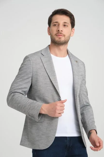 Gri Çizgi Dokulu Slim Fit Ceket