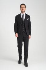 Siyah Modern Fit Yelekli Takım Elbise