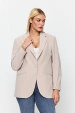 Bej Tek Düğme Mono Yaka Oversize Ceket - Görsel 2