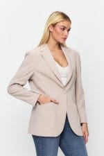 Bej Tek Düğme Mono Yaka Oversize Ceket - Görsel 4