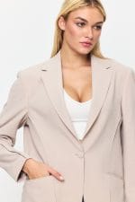 Bej Tek Düğme Mono Yaka Oversize Ceket - Görsel 7