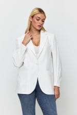 Beyaz Tek Düğme Mono Yaka Oversize Ceket - Görsel 4