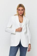 Beyaz Tek Düğme Mono Yaka Oversize Ceket - Görsel 5
