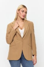 Kahverengi Tek Düğme Mono Yaka Oversize Ceket - Görsel 3