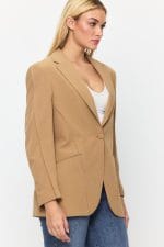 Kahverengi Tek Düğme Mono Yaka Oversize Ceket - Görsel 4