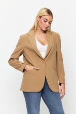 Kahverengi Tek Düğme Mono Yaka Oversize Ceket - Görsel 6