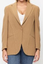 Kahverengi Tek Düğme Mono Yaka Oversize Ceket - Görsel 9