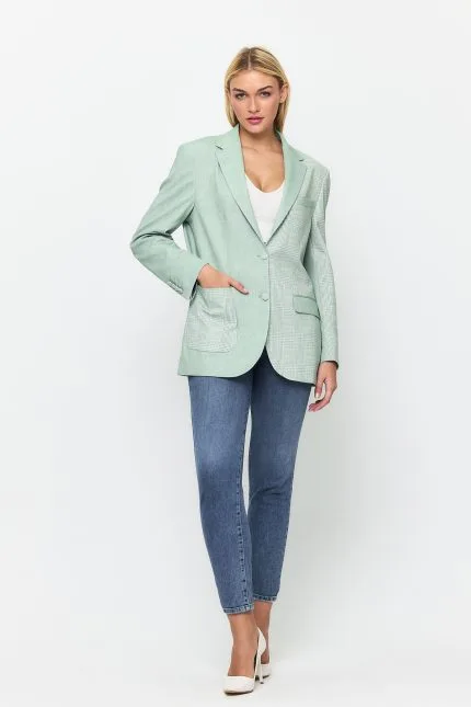 Su Yeşili Çift Düğme Kapamalı Cep Detaylı Blazer Ceket