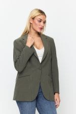 Haki Tek Düğme Mono Yaka Oversize Ceket - Görsel 6