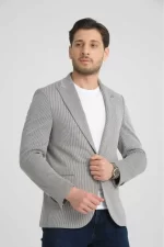 Gofre Desen Gri Slim Fit Torba Cep Sivri Yaka Blazer Ceket - Görsel 2
